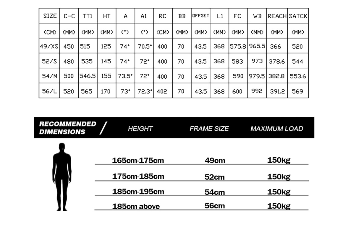 full carbon road bicycle frame height chart