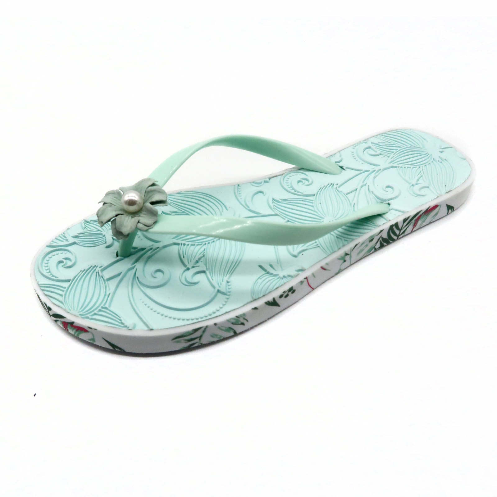 3D Deeped Embosse Flower On Insole and Printing Flower around sole edge Bold Design Flip Flop Slippers