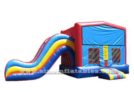 Commercial rainbow kids inflatable combo bounce house with big slide N removable panels