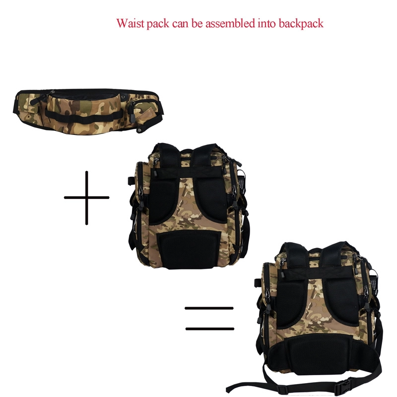 Fishing Tackle Backpack with Waist Pack Large Waterproof Tackle Bag With Protective Rain Cover