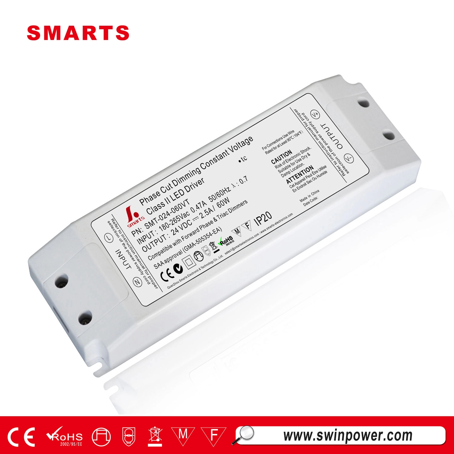 triac dimmable led power supply 24v dc 60w led driver with 5 years warranty