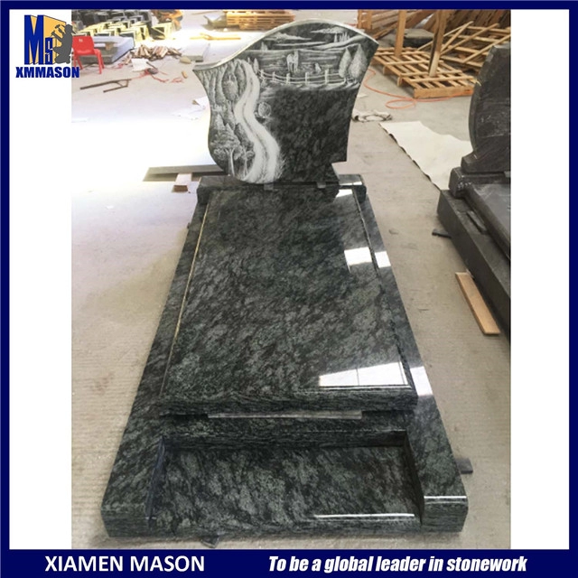 France Tombstone with White Line Carving in Granite Green Olive