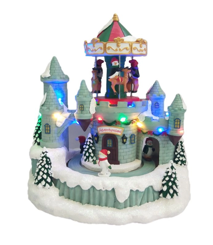 Lighted Up Christmas Penguin's Castle With Moving Carousel