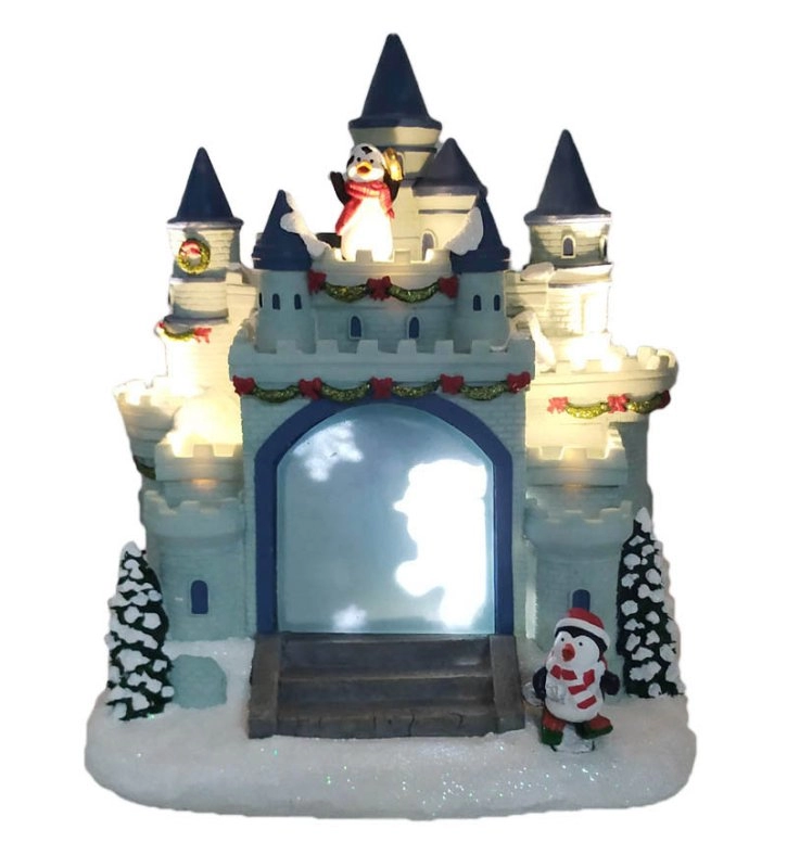 LED Christmas Penguin's castle With Penguin Running Around the Castle