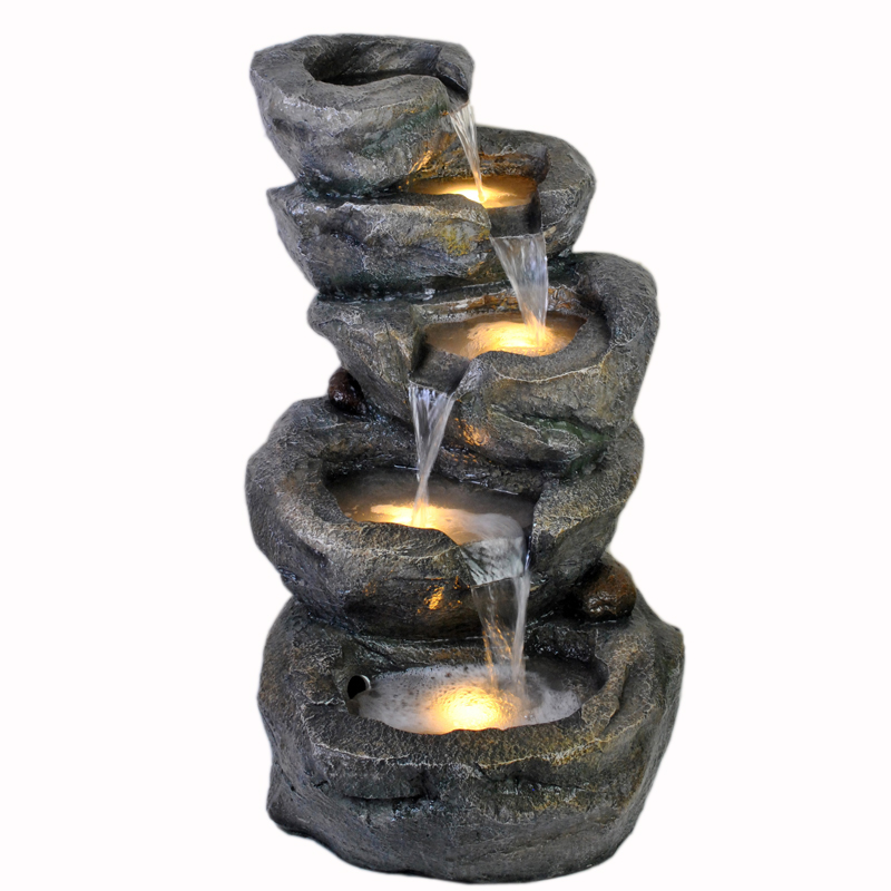 Water Fountain with Cascading Rock Waterfall and LED Lights - Tiered