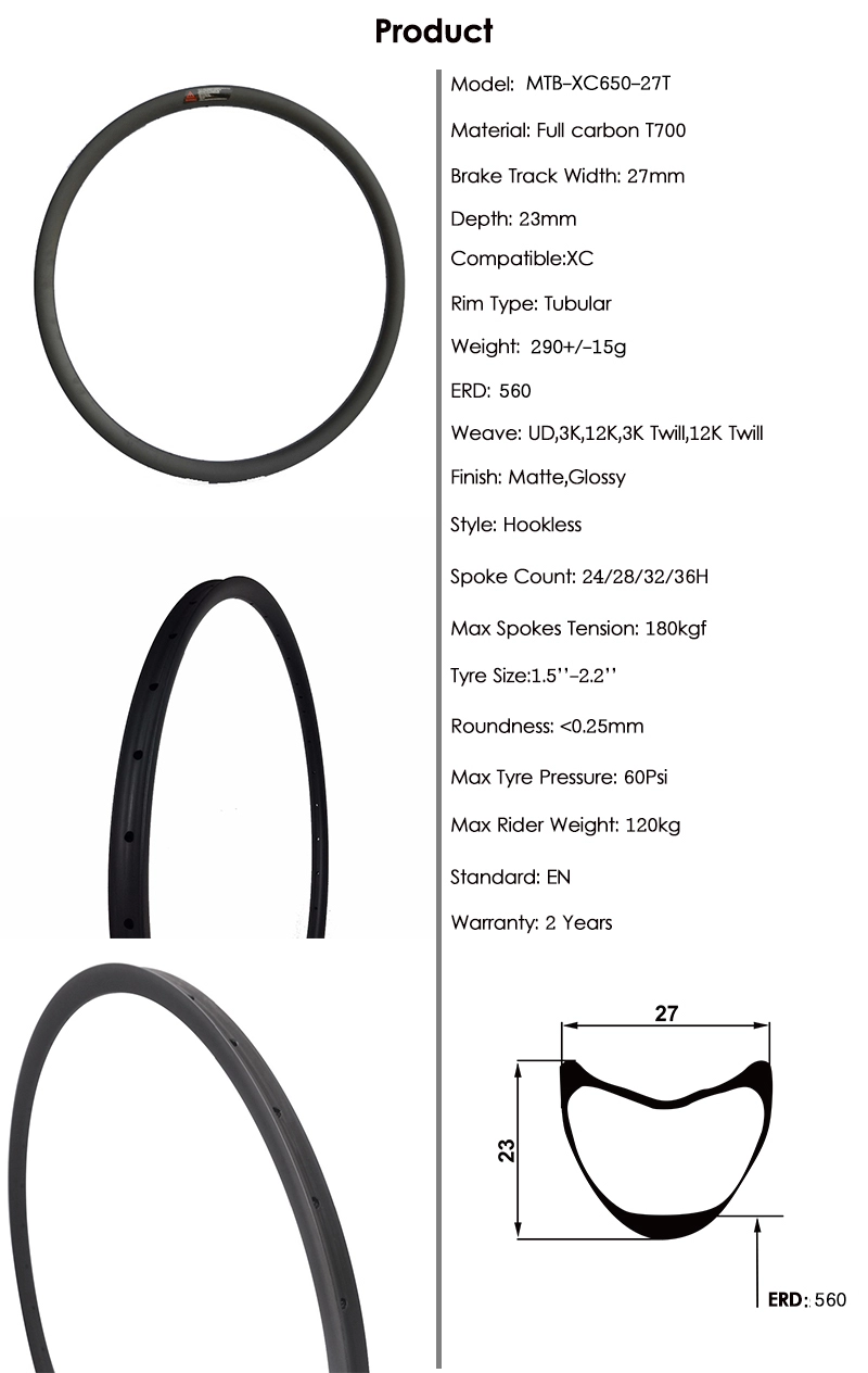 Cyclocross Tubular Rims 27.5 Inch Superroad  T700 650C Carbon XC 27* 23.5mm Bike Tubular Mtb Rims