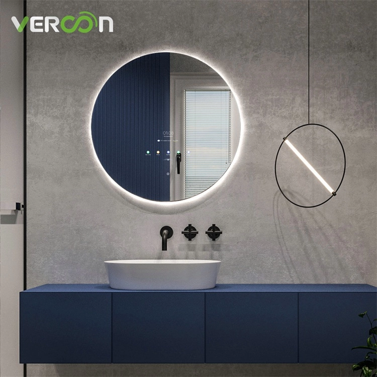 Modern Style Time Display Backlit Round Mirror Bathroom