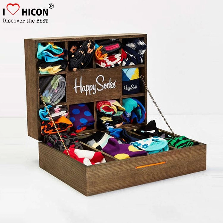 Happy Customized Brown Wood Counter Top Sock Display Foot Case