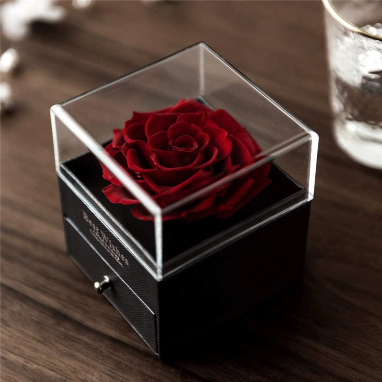 large clear white acrylic rose box with logo