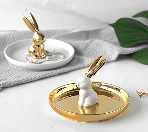 Ceramic Golden Rabbit Ring Dish Holder for Jewelry  Earrings  Necklaces Tray