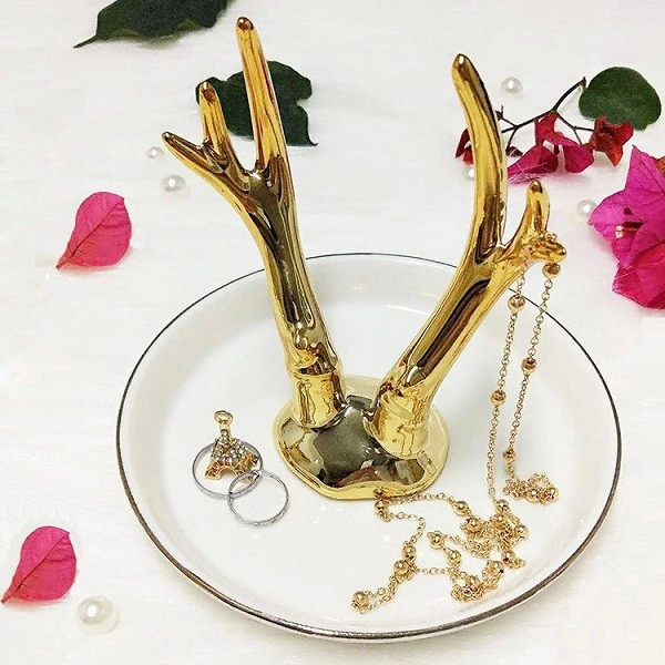 Gold Ceramic Ring Holder Handmade Jewelry Organizer Tray Trinket Dish