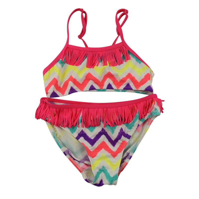 Wavy Rainbow Stripes Fringe Girls Bikini Swimsuit Set