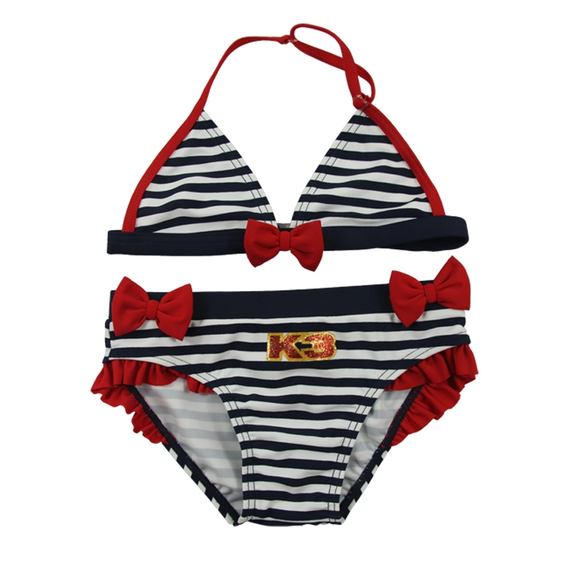 Navy Stripes & Red Bows Girls Halter Swimwear Bikini Set