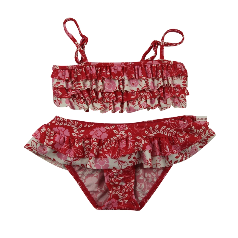 Red Tropical Flowers Multi-Ruffles Kid Girls Bikini Sets