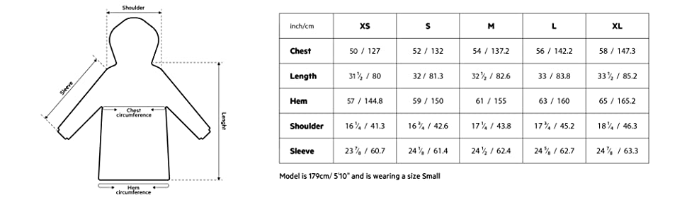 down jacket size table