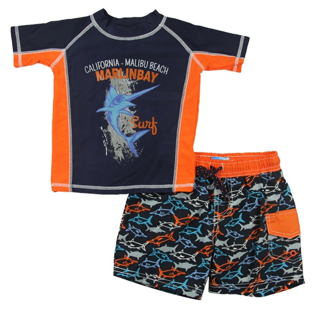 Navy & Orange Fish Rash Guard &  Swim Shorts
