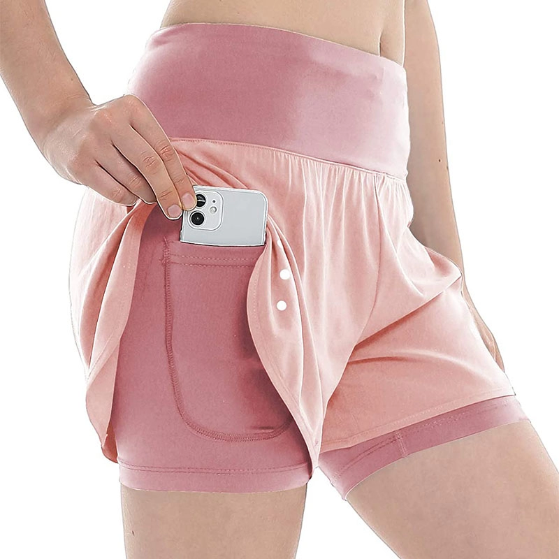 Women's 2 in 1 Running Shorts Workout Athletic Gym Sports Yoga Shorts with Phone Pockets