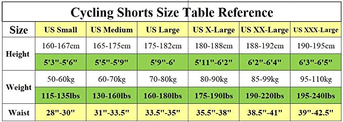 Men's Cycling Underwear Shorts Size