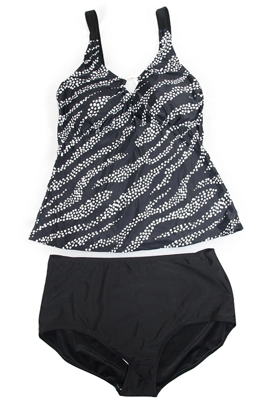 White Dots Wavy Stripes Women's Black Tankini Swimsuit Set