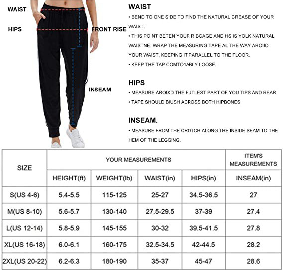 Sweatpants Size Table