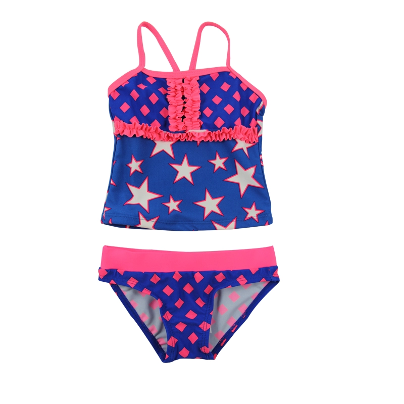 Stars Blue & Pink Girls Tankini Set Ruffles Beach Swimwear