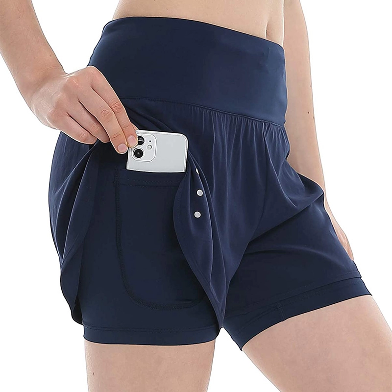 Women's 2 in 1 Running Shorts Workout Athletic Gym Sports Yoga Shorts with Phone Pockets