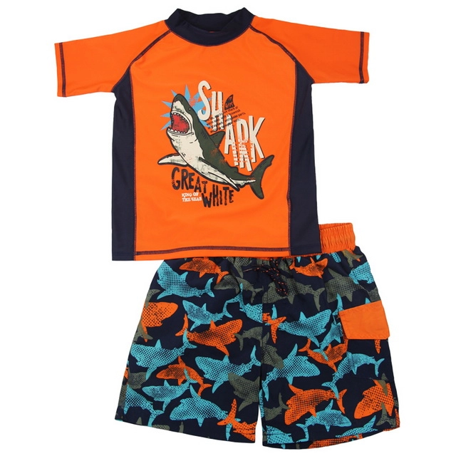 Orange and Navy Shark Rash Guard & Swim Briefs