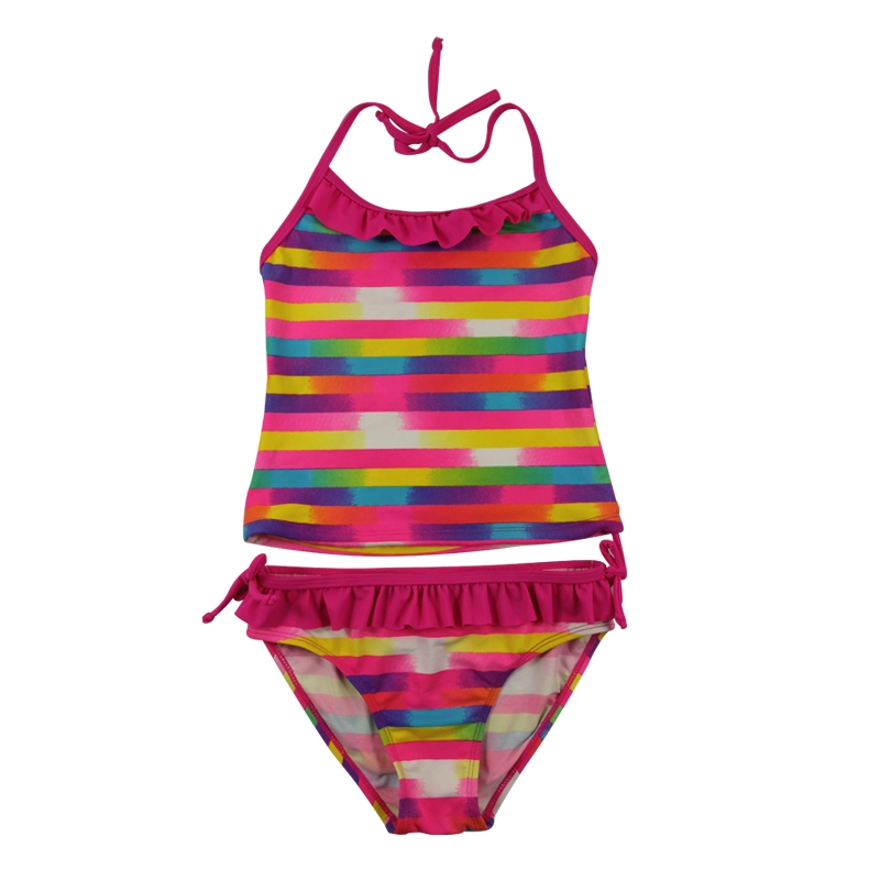 Rainbow Stripes With Ruffle Halter Tankini Girls Swimsuits