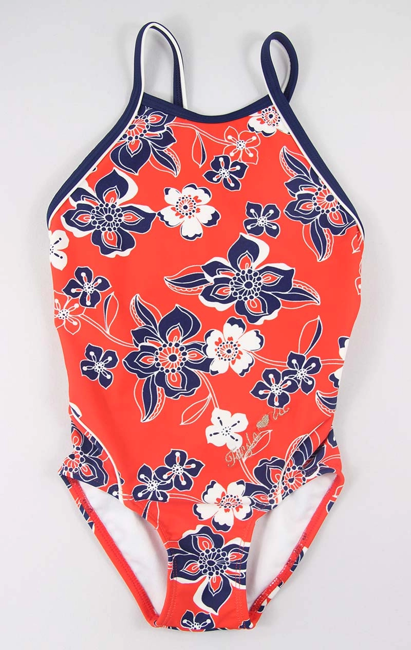 Floral Red and Navy Girls One Piece Bathing Suits