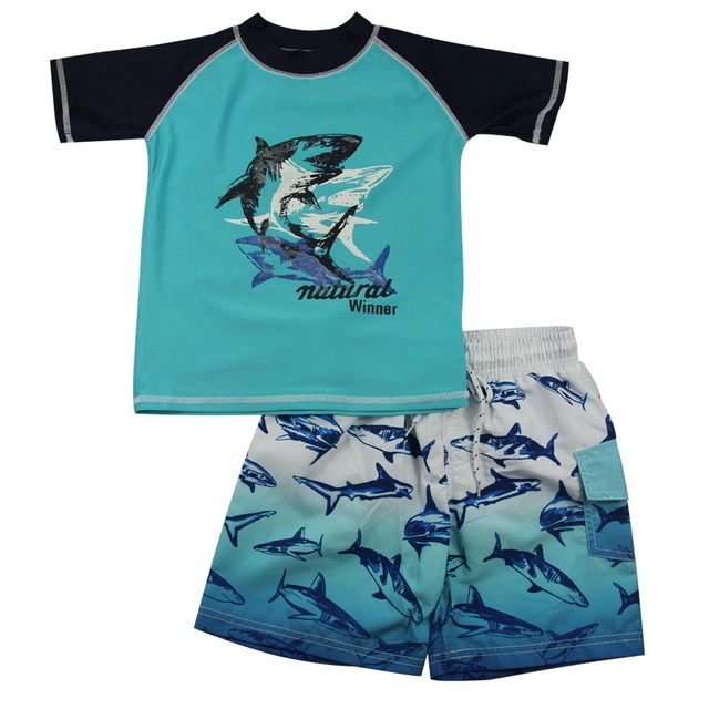 Blue & Black Shark Rash Guard &  Swim Trunks