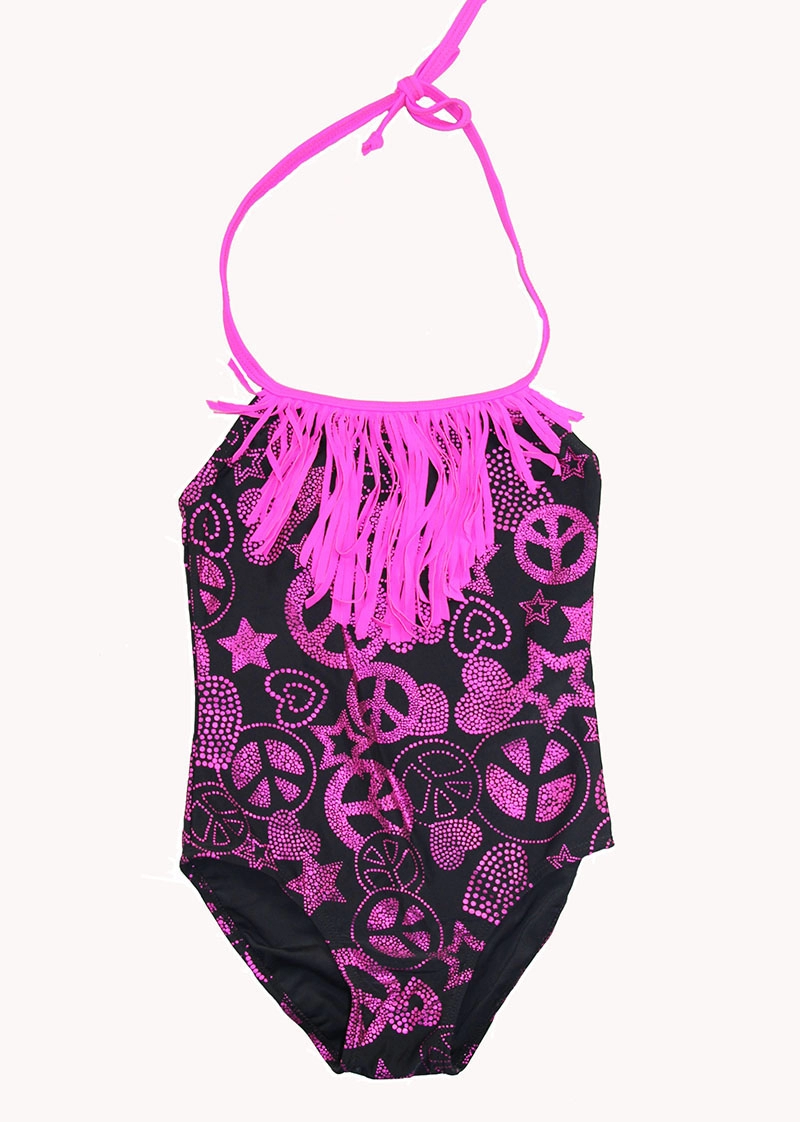 Girls One Piece Halter Swimsuit with Pink Fringe