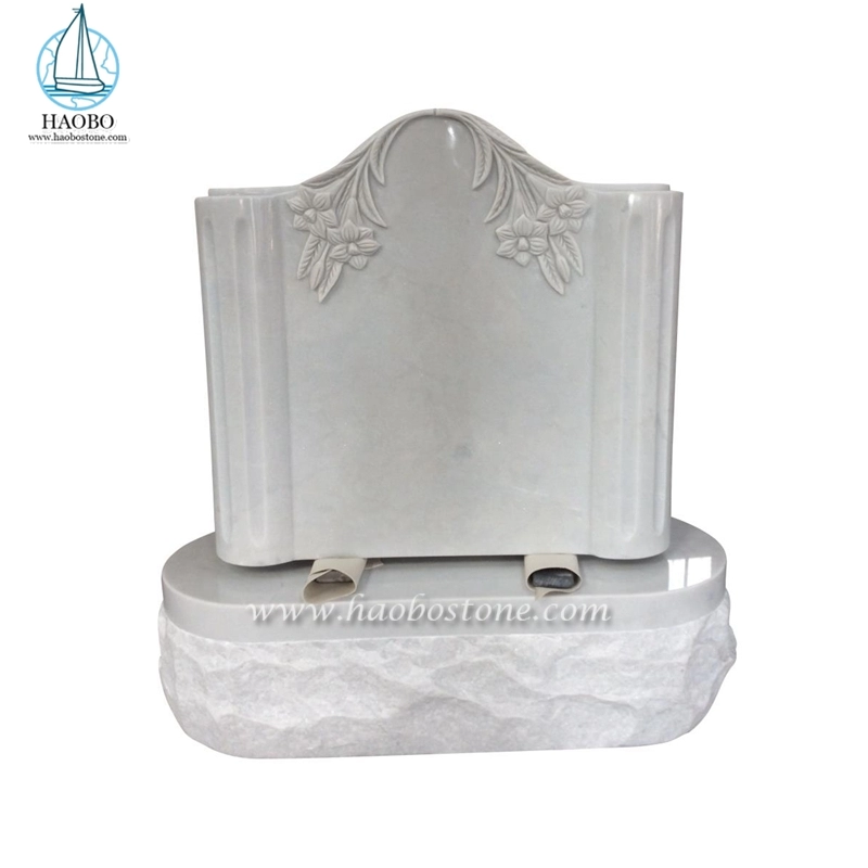 Carrara White Serp Top Lily Engraved Marble Headstone