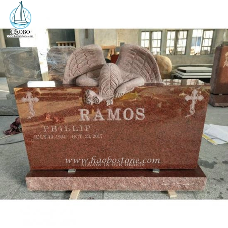 India Red Granite Upright Weeping Angel Headstone