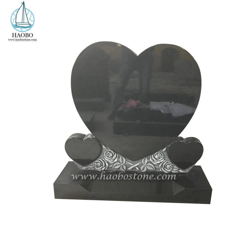 Indian Black Granite Heart Shaped with Rose Carved Headstone
