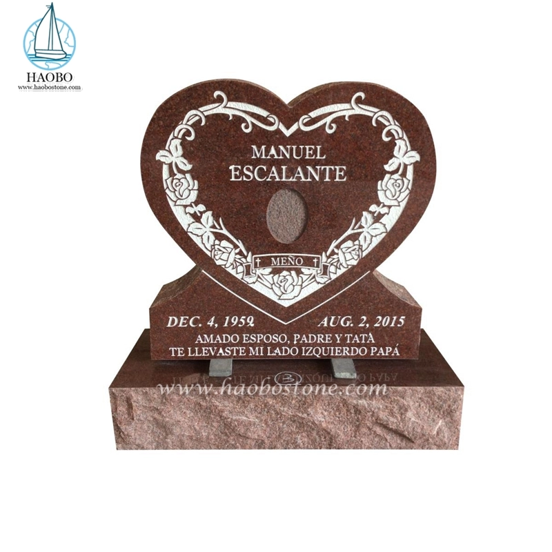 Red Grante Heart Shaped Flower Engraved Tombstone