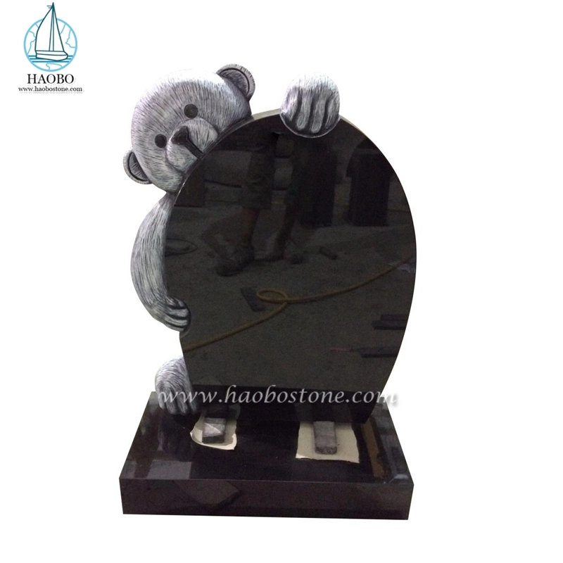 Black Granite Cartoon Teddy Bear Carved Headstone
