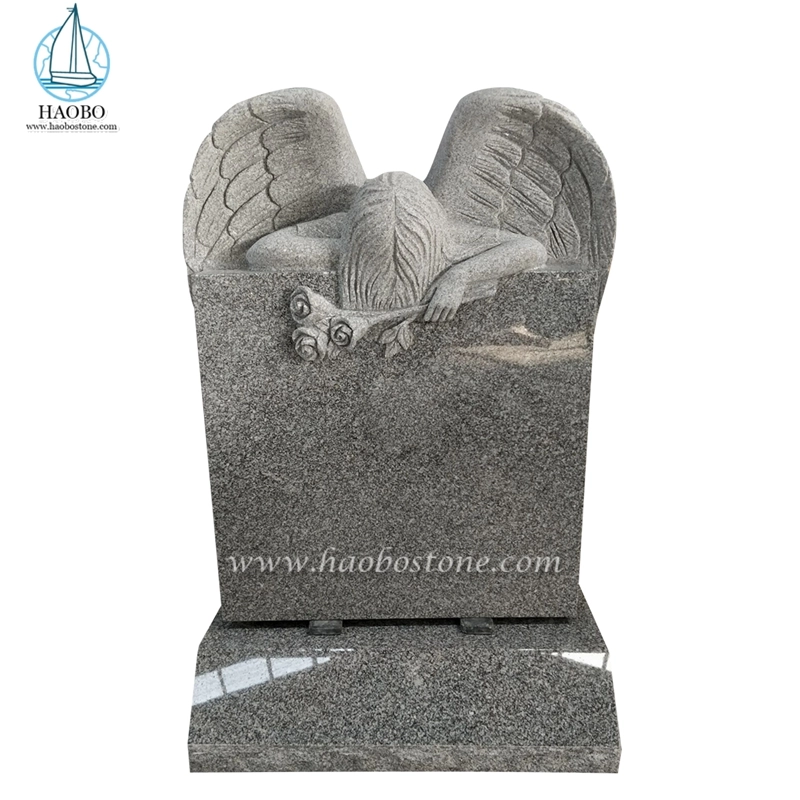 Grey Granite Single Weeping Angel with Rose Carved Headstone