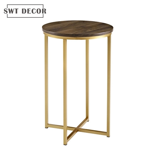 Walnut Wooden Round Side Table With Metal Legs