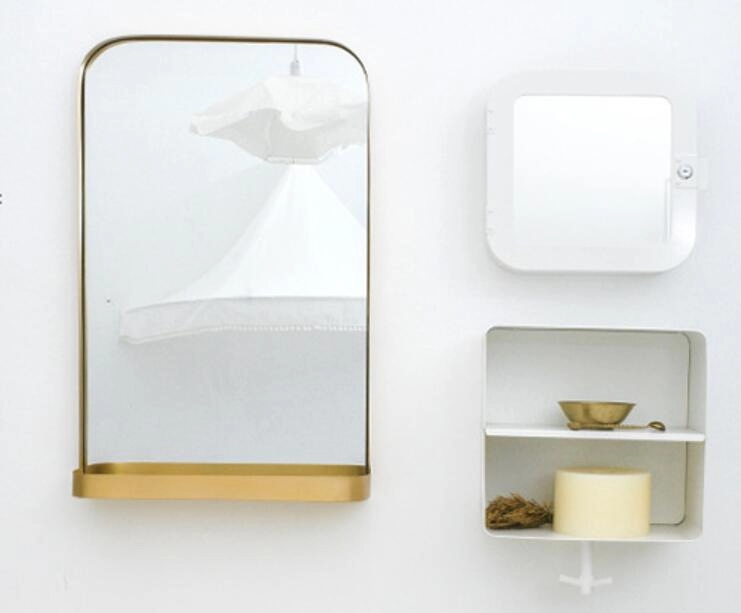 Metal Thin Framed Gold Wall Mirror With Storage Shelf