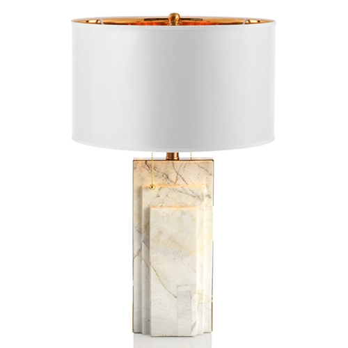 Modern white marble table lamp with drum linen hardback shade