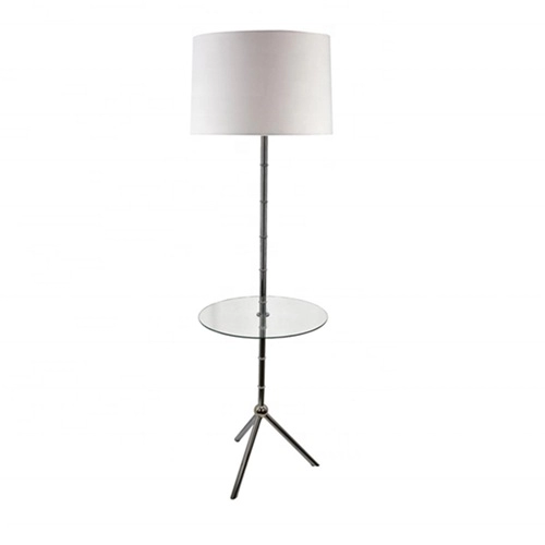 Brass glass shelf tripod floor lamp with white drum shade