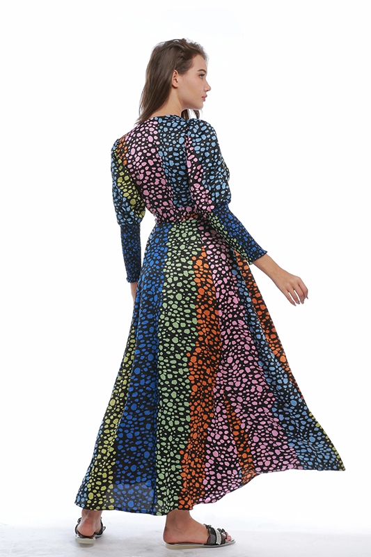 Long Sleeve Colorful Dot Printed Elegant V Neck Women's Gown Casual Dress