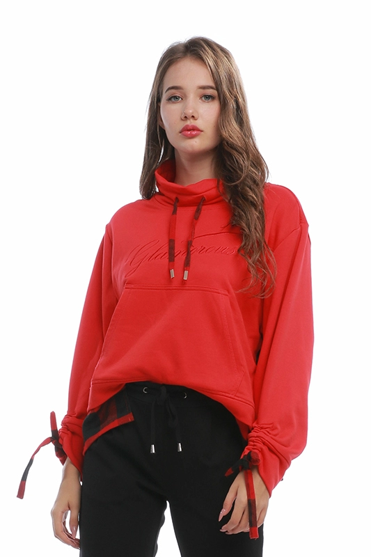 Red Womens Pullover Hoodies Trendy Plaid Patchwork Sweatshirt