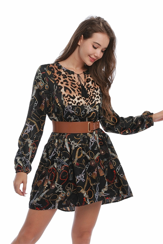 High Quality Custom Satin Loose Black Sexy Leopard Print Fashion Tunic Dress Women Clothing Ladies Apparel