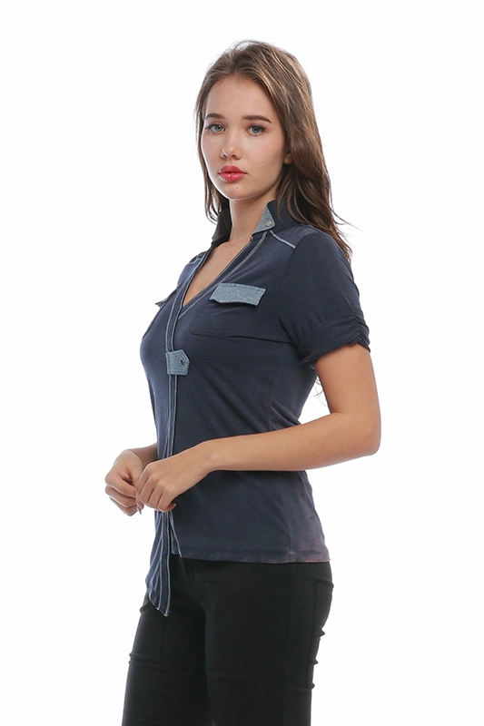 China Manufacturer Casual Slim 100% Cotton Navy Short Sleeve V-Neck Custom Asymmetric Women's POLO T-shirts