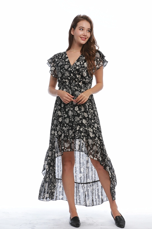 Chiffon Ruffled Sleeve Elastic Waist V Neck Summer Midi Dress Women Casual Floral Dresses