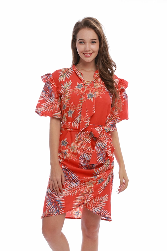 casual short sleeve bow flower stand collar chiffon women elegant clothing apparel dresses