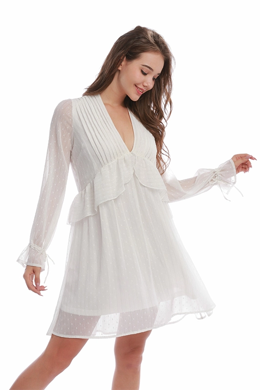 Ladies Stylish Sexy Deep V Neck Long Sleeve White Dress Sheer Mesh Lace Party Dresses for Women