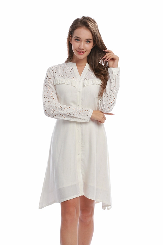 Retro Women Button-Front Lace Hollow Out Jersey Clothes Shirt Casual Dress​