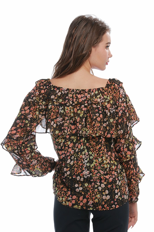 Ladies' Off Shoulder Floral Ruffle Sleeves Ruched Chiffon Women Tops Blouse